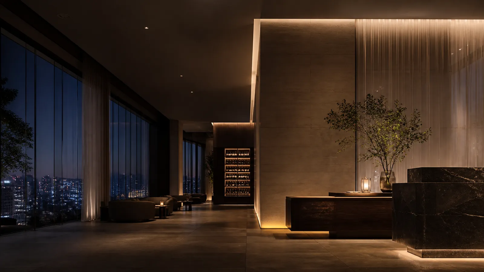 A refined contemporary hospitality arrival at night