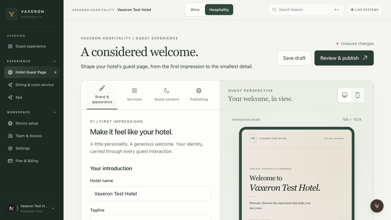Vaxeron guest directory editor with fictional hotel data