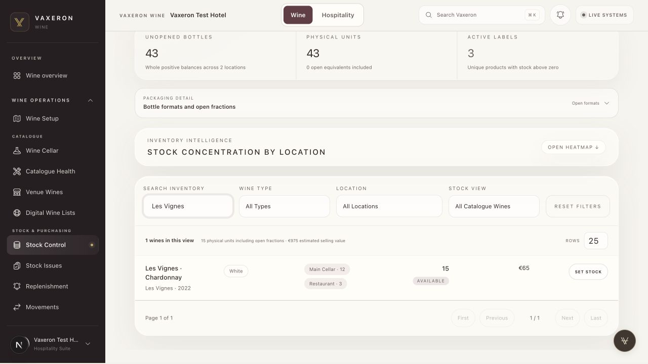 Wine inventory — real Vaxeron screen with fictional test data
