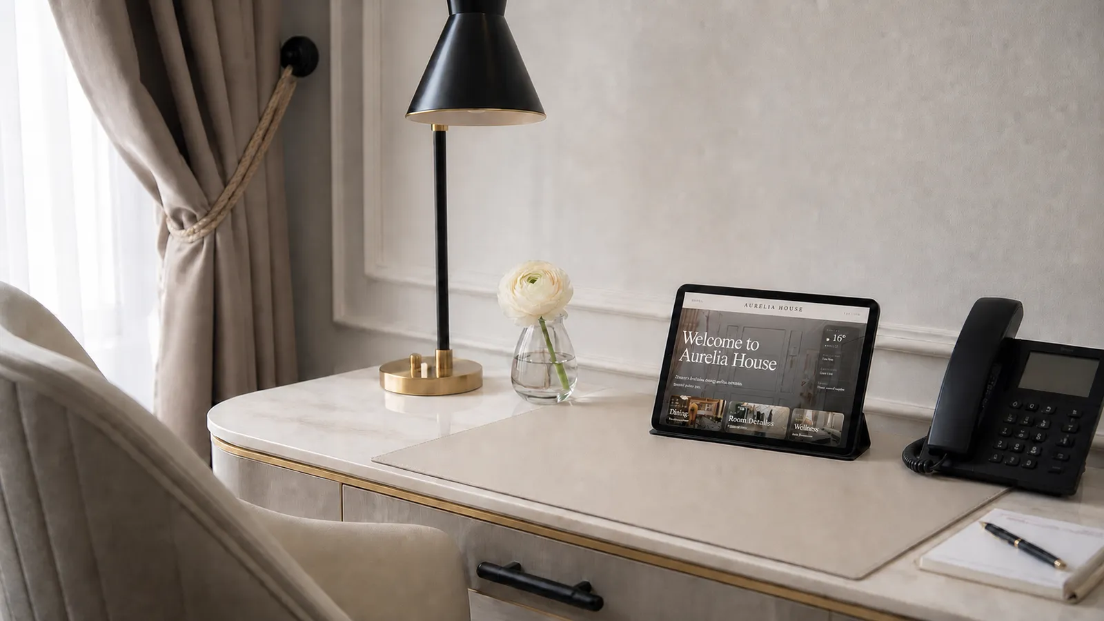 Fictional Aurelia House guest experience presented on an in-room tablet